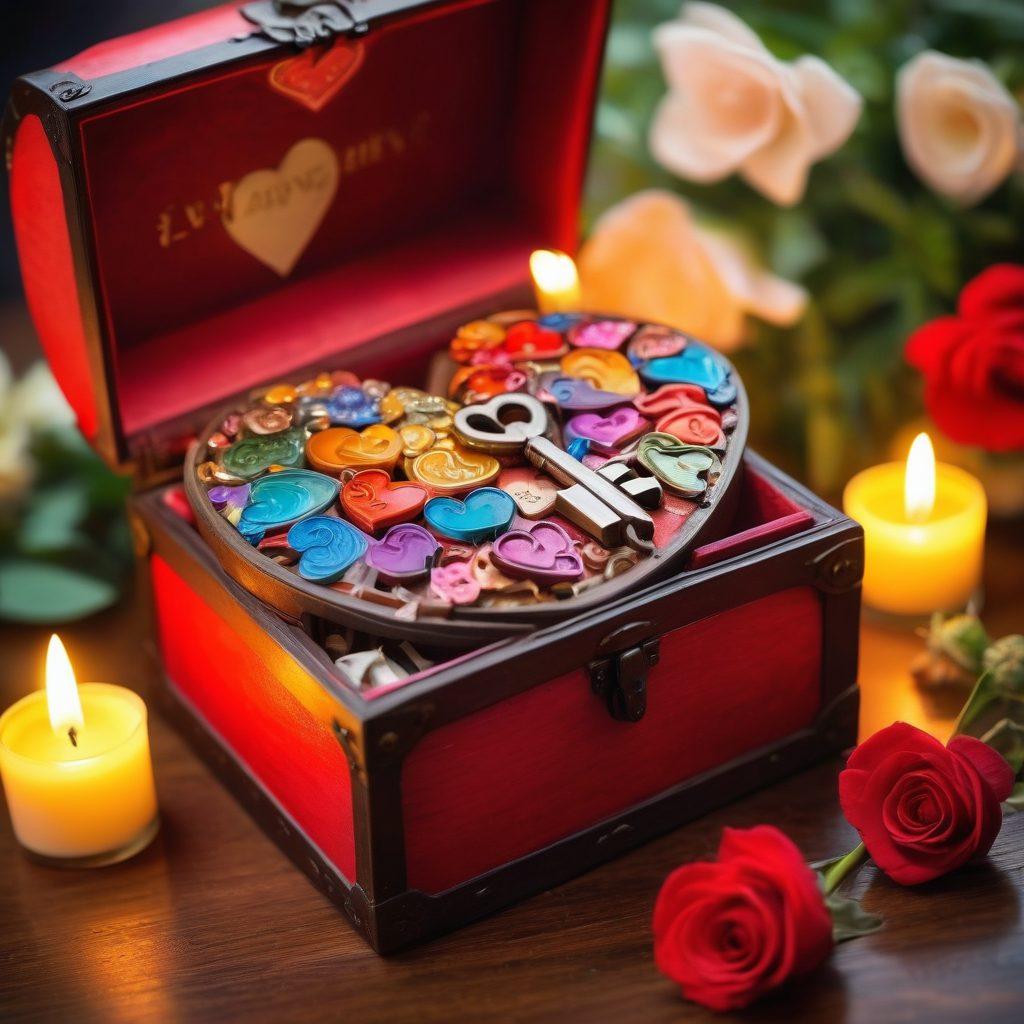 A heart-shaped key unlocking a vibrant treasure chest filled with colorful love language symbols like words of affirmation, acts of service, and gifts. Surrounding the chest, an inviting romantic setting with soft candlelight and flowers in the background, symbolizing trust and intimacy in romance. The atmosphere should be warm and inviting, reflecting love and connection. super-realistic. vibrant colors. soft focus.