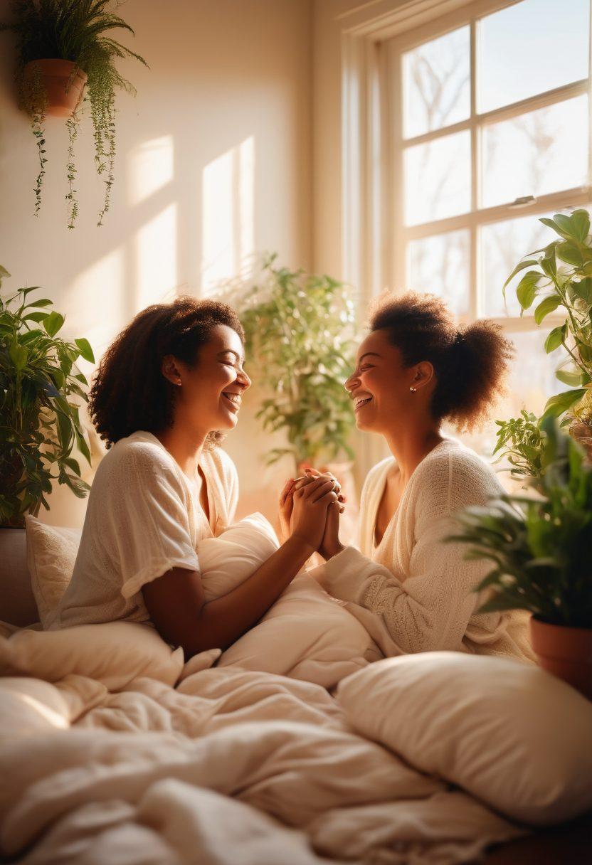 A warm and cozy scene featuring two people laughing together in a sunlit room filled with soft pillows and plants, with intertwined hands symbolizing their deep connection. Heart-shaped decorations subtly present in the background, and a soft glow emanating from a nearby window. The atmosphere conveys love and friendship. vibrant colors. soft focus.